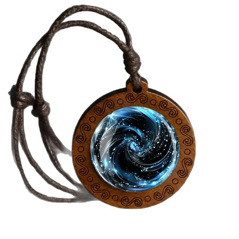 Galaxy Wooden Pendant Necklace – Adjustable Cord with Cosmic Blue Spiral Design, Mystical Space Jewelry for Women & Men